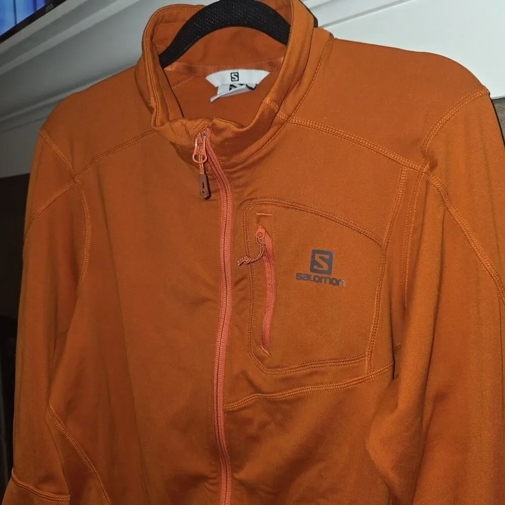 SALOMON Sz M Acti Therm Orange Full Zip L/S Thin Layering Logo Running Sweater